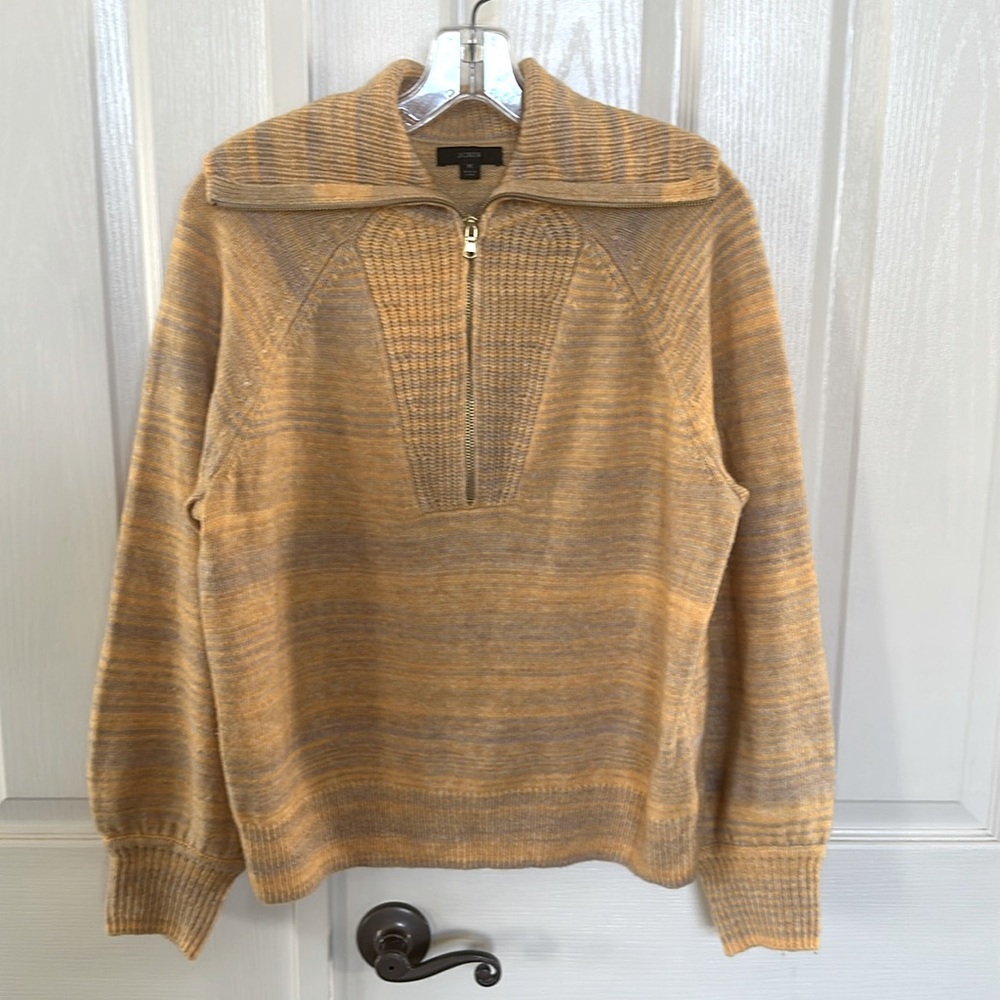 J. Crew Heathered Orange Gold Grey Wool Cotton Cashmere 1/4 Zip Sweater